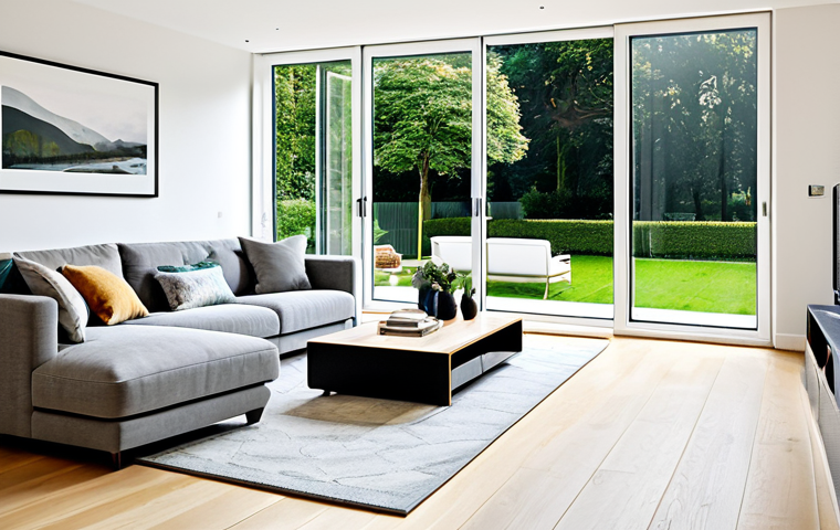 자연광을 활용한 리모델링 아이디어 - **
"A bright, airy living room with white walls and light wood flooring, fully clothed family enjoy...