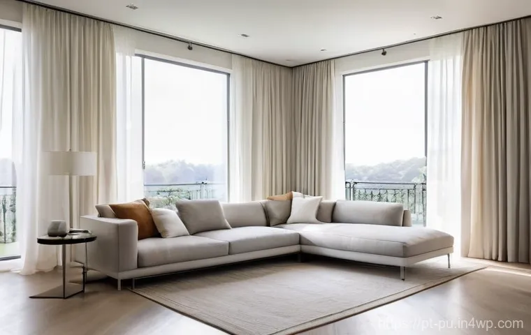 자연광을 활용한 아파트 인테리어 사례 - **A sun-drenched, modern minimalist living room.** The walls and ceiling are painted in a pristine, ...