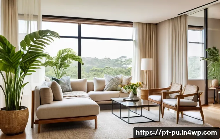 자연광을 고려한 아파트 인테리어 개선 방법 - A modern Brazilian apartment living room bathed in natural light from floor-to-ceiling windows facin...