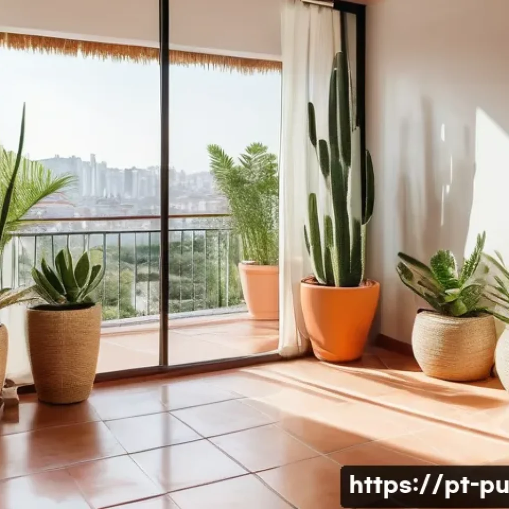 자연광을 위한 실내 식물 배치 방법 - A bright indoor balcony scene in a modern Brazilian apartment filled with sun-loving plants like cac...