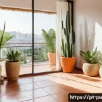 자연광을 위한 실내 식물 배치 방법 - A bright indoor balcony scene in a modern Brazilian apartment filled with sun-loving plants like cac...