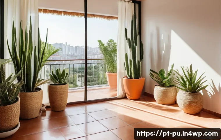 자연광을 위한 실내 식물 배치 방법 - A bright indoor balcony scene in a modern Brazilian apartment filled with sun-loving plants like cac...