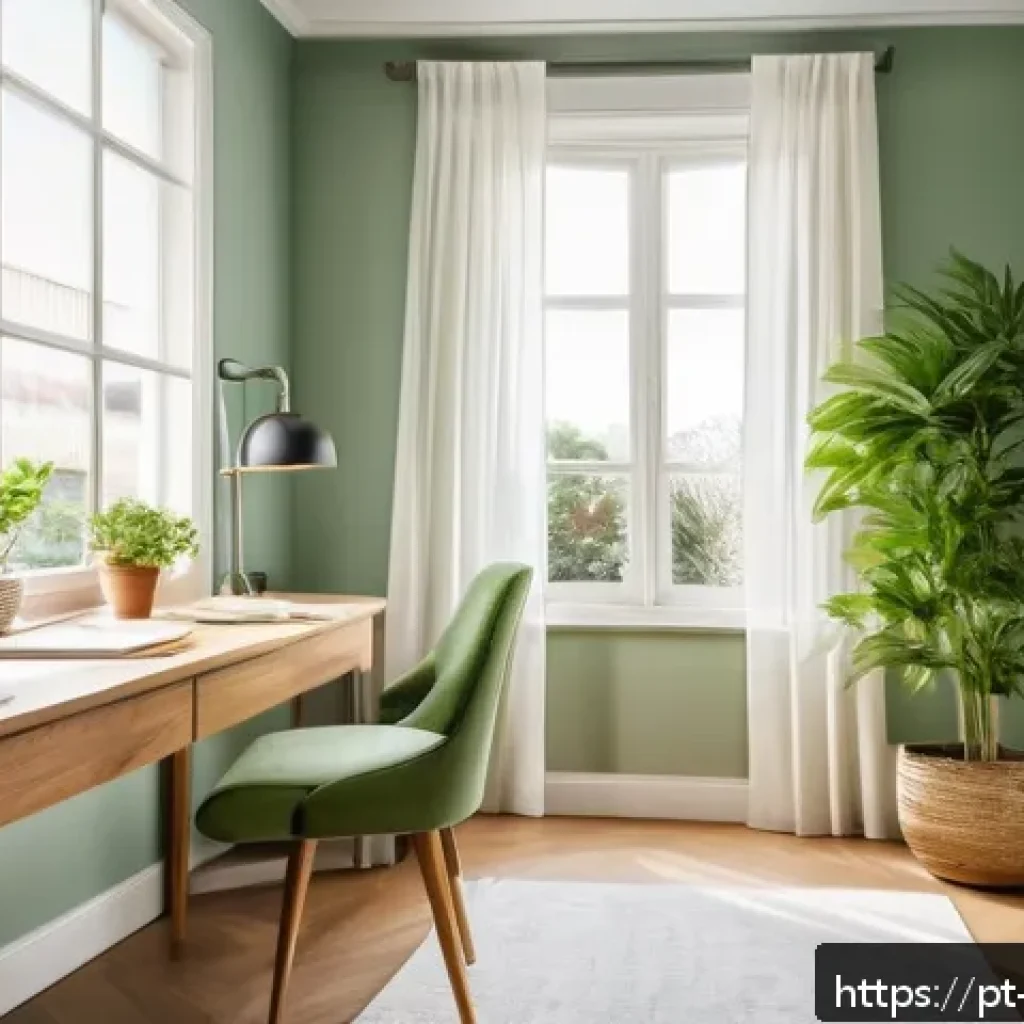 자연광을 통한 심리적 안정 공간 만들기 - A bright, cozy home office space bathed in natural sunlight streaming through large windows with she...