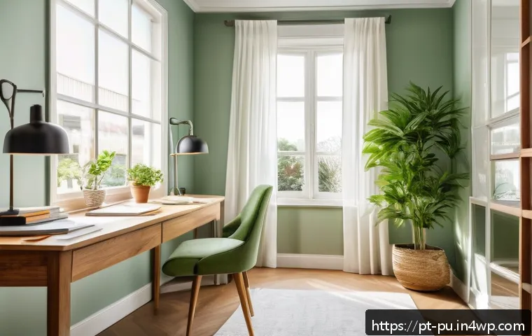 자연광을 통한 심리적 안정 공간 만들기 - A bright, cozy home office space bathed in natural sunlight streaming through large windows with she...