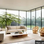 자연광이 어우러진 거실 인테리어 트렌드 - A bright, modern living room in a Brazilian home featuring expansive floor-to-ceiling transparent gl...