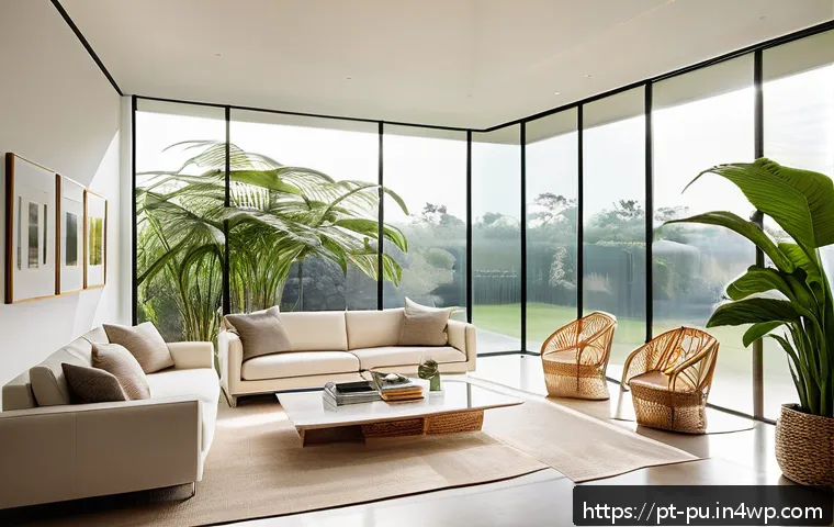 자연광이 어우러진 거실 인테리어 트렌드 - A bright, modern living room in a Brazilian home featuring expansive floor-to-ceiling transparent gl...
