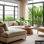 자연광을 반영한 도시적 인테리어 디자인 - A bright, modern urban apartment living room featuring large windows with translucent linen curtains...