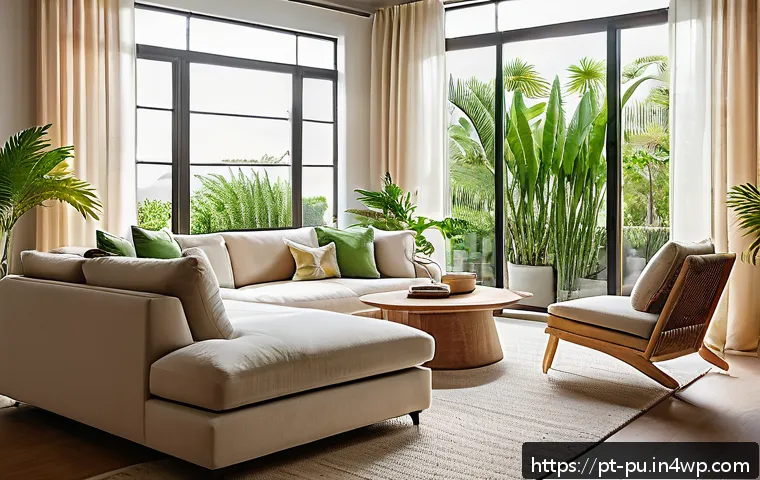 자연광을 반영한 도시적 인테리어 디자인 - A bright, modern urban apartment living room featuring large windows with translucent linen curtains...
